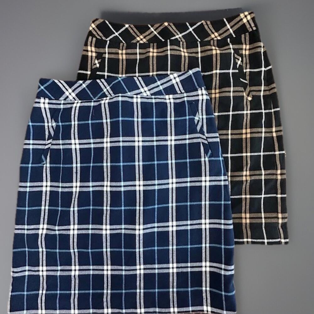 Laura Scott Plaid Pencil Skirt (2) Bundle M Black Tan & Navy Blue Academia Style